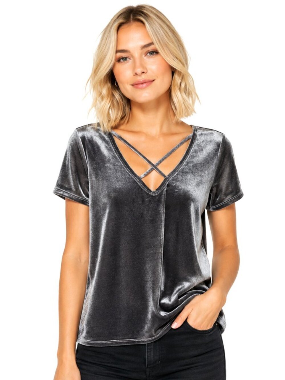 Moa Moa Grey Velour Crossover Short-Sleeve Top